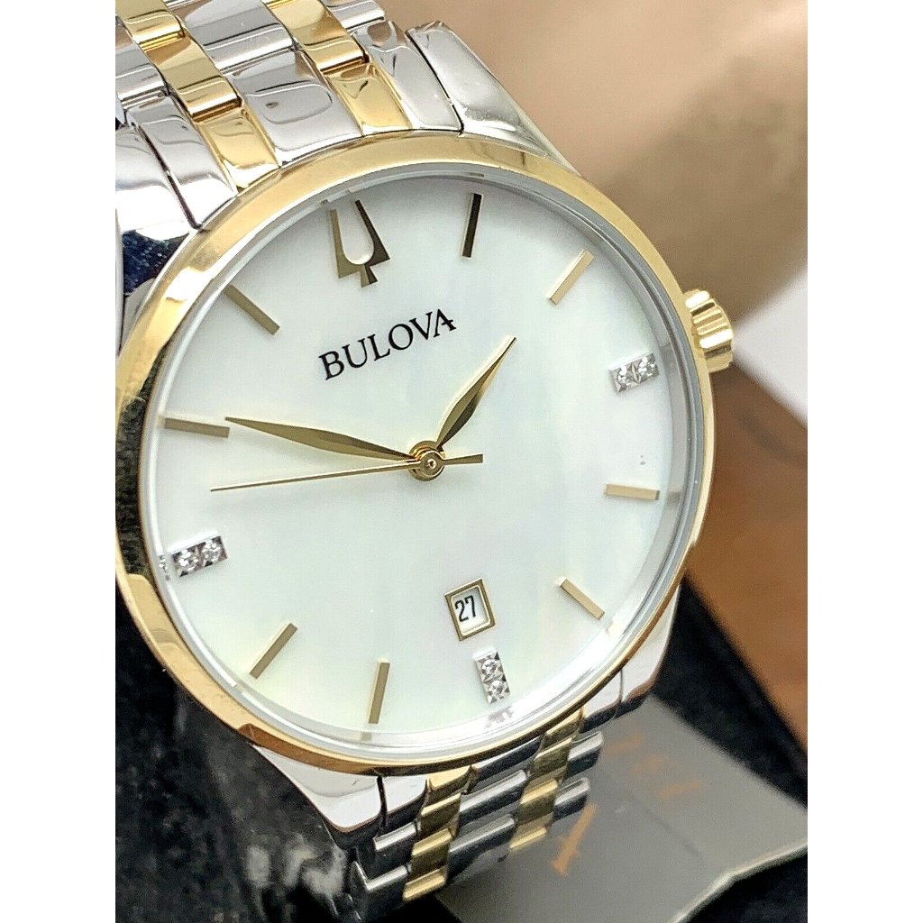 Bulova Womens Watch 98p201 Quartz Diamond Mother Of Pearl White Dial Two Tone